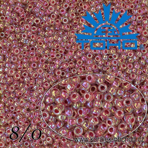 Korálky TOHO tvar ROUND (kulaté). Velikost 8/0. Barva č. 771-Inside-Color Rainbow Crystal/Strawberry Lined . Balení 10g.