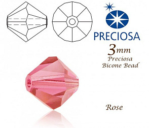 PRECIOSA Bicone (sluníčko) velikost 3mm. Barva ROSE. Balení 42ks .