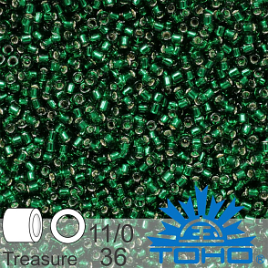 Korálky TOHO tvar TREASURE (válcové). Velikost 11/0. Barva č. 36-Silver-Lined Green Emerald . Balení 5g