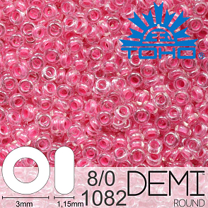 Korálky TOHO Demi Round 8/0. Barva 1082 Inside-Color Crystal/Baby Pink-Lined. Balení 5g