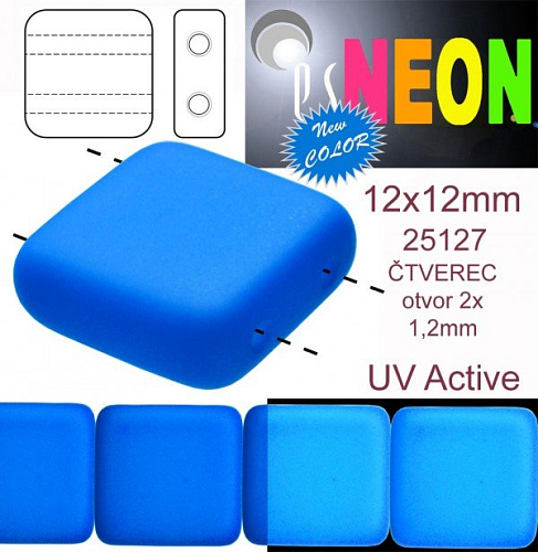 Korálky čtverec 2 otvory NEON (UV Active) velikost 12x12mm barva 25127 modrá světlá. Balení 7Ks. 