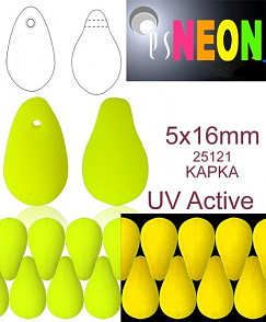 Korálky NEON (UV Active) KAPKA velikost 5x16mm barva 25121 ŽLUTÁ. Balení 20Ks. 