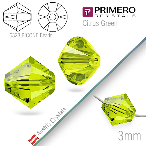 Korálky PRIMERO Crystals . Tvar 5328 Bicone BEADS. Barva Citrus Green. Velikost 3mm balení-25Ks.