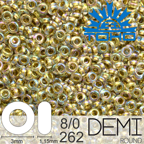 Korálky TOHO Demi Round 8/0. Barva 262 Inside-Color Crystal/Gold-Lined. Balení 5g