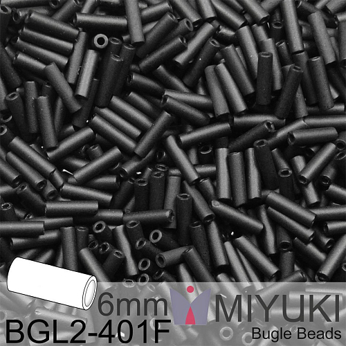 Korálky Miyuki Bugle Bead 6mm. Barva BGL2-401F Matte Black. Balení 10g.