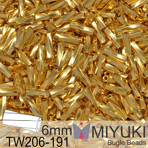 Korálky Miyuki Twisted Bugle 6mm. Barva TW206-191 24kt Gold Plated. Balení 3g.