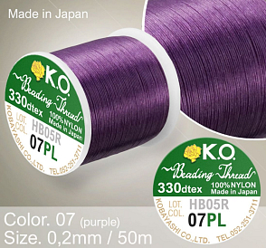 Nylonová nit značky K.O. Barva č. 07 purple. Materiál 330DTEX (0,2mm). Balení 50m. 