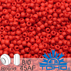 Korálky TOHO tvar ROUND (kulaté). Velikost 8/0. Barva 45AF Opaque Frosted Cherry. Balení 10g.