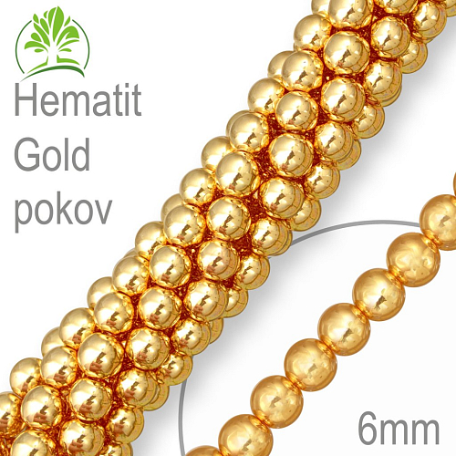Korálky z minerálů Hematit Gold pokovený. Velikost pr.6mm. Balení 12Ks.