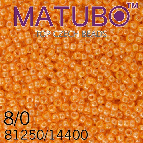Korálky MATUBO™ mačkané rokajlové korálky. Velikost 8/0 (3,1mm). Barva 81250/14400 ORANŽOVÝ OPÁL+BÍLÝ LISTR. Balení 10g.