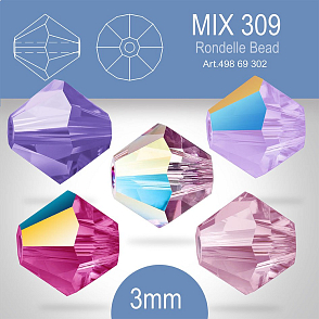 PRECIOSA Bicone (sluníčko) velikost 3mm. Barva MIX 309. Barva MIX 309 Violet AB, Light Amethyst, Amethyst AB, Fuchsia AB, Tanzanite. Balení 40ks (5X8ks)