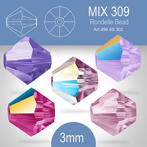 PRECIOSA Bicone (sluníčko) velikost 3mm. Barva MIX 309. Barva MIX 309 Violet AB, Light Amethyst, Amethyst AB, Fuchsia AB, Tanzanite. Balení 40ks (5X8ks)