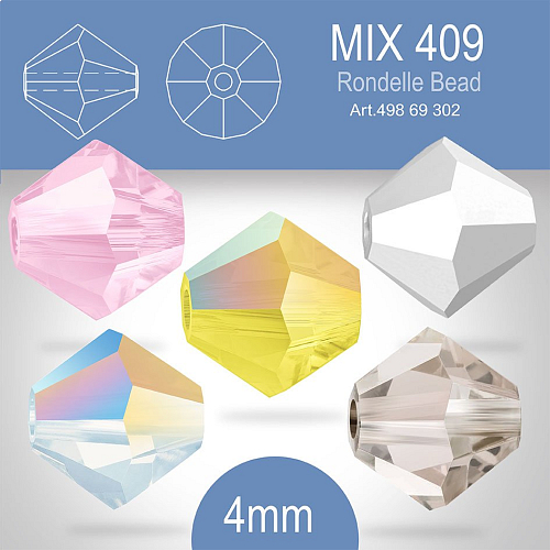 PRECIOSA Bicone (sluníčko) velikost 4mm. Barva MIX 409 Labrador full, White Opal Glitter, Citrine Glitter, Pink Sapphire, Crystal Velvet. Balení 30ks (5X6ks)