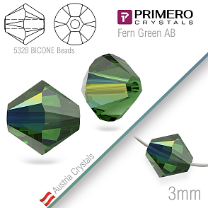 Korálky PRIMERO Crystals . Tvar 5328 Bicone BEADS. Barva Fern Green AB. Velikost 3mm balení-25Ks.