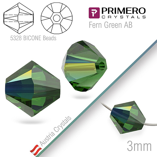 Korálky PRIMERO Crystals . Tvar 5328 Bicone BEADS. Barva Fern Green AB. Velikost 3mm balení-25Ks.