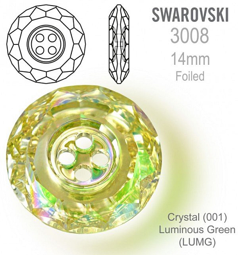 Swarovski 3008 Classic CB (4 Holes) velikost 14mm. Barva Crystal Luminous Green 