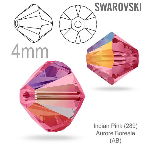 Swarovski 5328 XILION Bead barva Indian Pink (289) Aurore Boreale (AB) velikost 4mm. Balení 20Ks