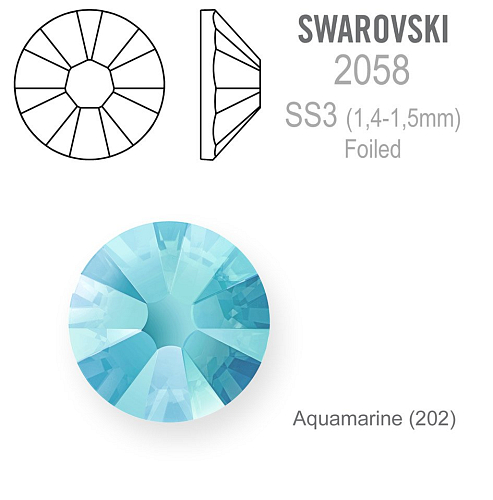 SWAROVSKI ELEMENTS No Hot-Fix FOILED velikost SS3 barva AQUAMARINE (202). Balení 40Ks.