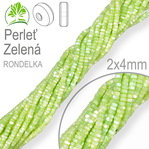 Korálky Heishi RONDELKA  přírodní Perleť Zelená. Velikost pr.2x4mm. Balení 180Ks.