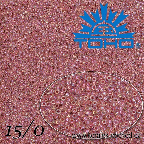 Korálky TOHO tvar ROUND (kulaté). Velikost 15/0. Barva č.771- Inside-Color Rainbow Crystal/Strawberry Lined . Balení 5g.