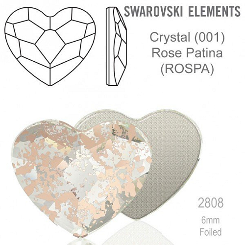 SWAROVSKI 2808 Heart Flat Back Foiled velikost 6mm. Barva Crystal ROSE Patina 