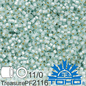 Korálky TOHO tvar TREASURE (válcové). Velikost 11/0. Barva č.PF2116 PermaFinish - Translucent Silver-Lined Lt Aqua. Balení 5g.