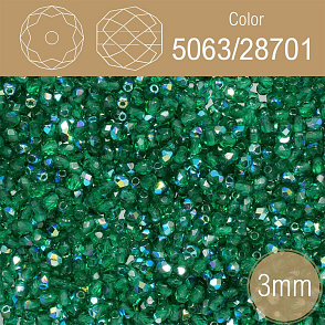 Korálky BROUŠENÉ 3mm. Barva 5063/28701 Průhledná smaragdová AB. Balení 150Ks.
