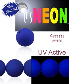 Korálky NEON (UV Active) velikost 4mm barva 25126 MODRÁ TMAVÁ. Balení 31Ks. 