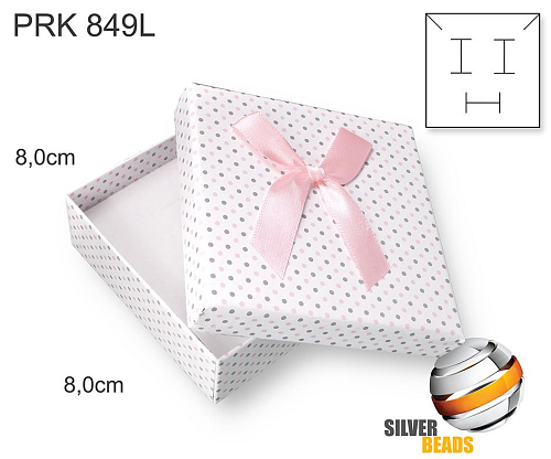 Krabička na šperky. Materiál papír . Ozn. PRK 849L. Velikost 8x8cm. Barva BÍLÁ s růžovými/šedými puntíky a ozdobnou stužkou.