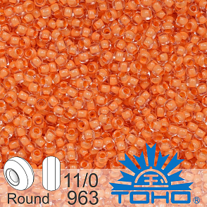 Korálky TOHO tvar ROUND (kulaté). Velikost 11/0. Barva č. 963-Inside-Color Crystal/Apricot Lined . Balení 8g.