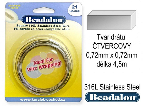 Drát 316L Stainless Steel. Tvar ČTVERCOVÝ. Velikost 0,72mm x 0,72mm (21 Gauge) délka 4,5m. BEADALON.