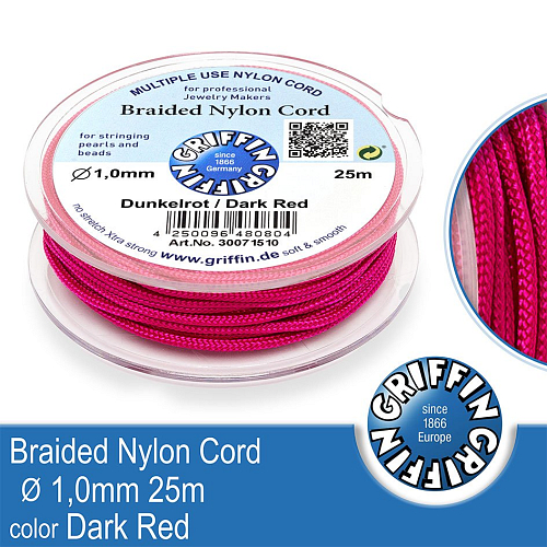 Braided NYLON (splétaná nit na náramky) GRIFFIN síla nitě 1mm cívka 25m. Barva Dark Red.