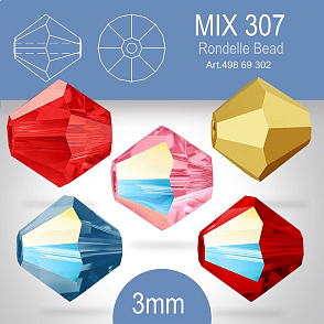 PRECIOSA Bicone (sluníčko) velikost 3mm. Barva MIX 307 Crystal Aurum, Rose AB, Light Siam, Siam AB, Montana AB. Balení 40ks (5X8ks)