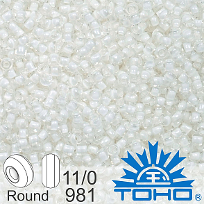 Korálky TOHO tvar ROUND (kulaté). Velikost 11/0. Barva č.981-Inside-Color Crystal/Snow-Lined. Balení 8g.