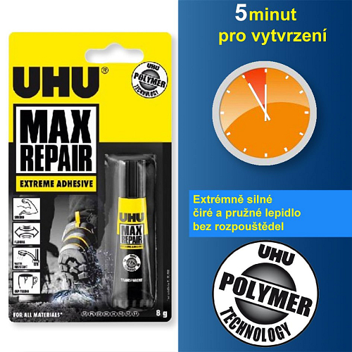 Lepidlo extrémně silné UHU MAX Repair. Balení 8g. Vytvrzení 5min.