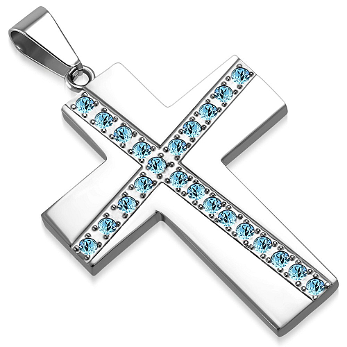 Křížek z chirurgické ocele AVP 020 s modrými kamínky