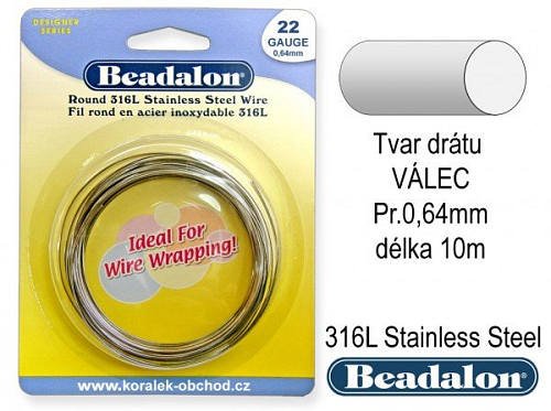 Drát 316L Stainless Steel. Tvar VÁLEC. Velikost 0,64mm (22 Gauge) délka 10m. BEADALON.