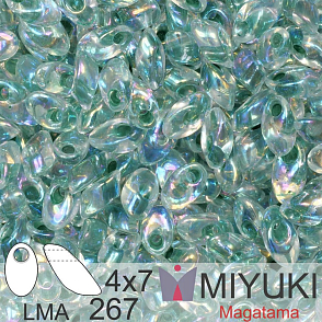 Korálky MIYUKI tvar Long MAGATAMA velikost 4x7mm. Barva LMA-267 Moss Green Lined Crystal AB. Balení 5g.