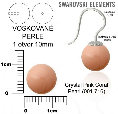 SWAROVSKI 5818 Voskované Perle 1otvor barva 716 CRYSTAL PINK CORAL PEARL velikost 10mm.