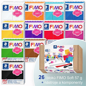 FIMO Soft sada Basic XXL - výhodné balení 26 barevných bloků FIMO po 57g + váleček a nástroje na tvoření