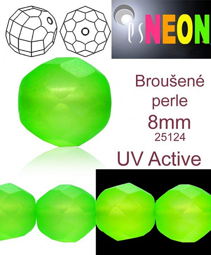 Korálky NEON (UV Active) BROUŠENÉ velikost pr.8mm barva 25124 ZELENÁ mírně průhledná. Balení 15Ks. 