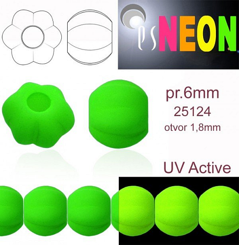 Korálky NEON (UV Active) MELOUN velikost pr.6mm barva 25124 ZELENÁ. Balení 21Ks. 
