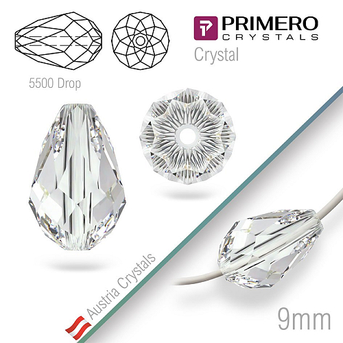 Korálky PRIMERO Crystals . Tvar 5500 Drop. Barva Crystal. Velikost 9mm