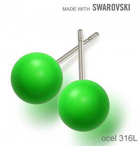 Náušnice sada Made with Swarovski 5818 Crystal Neon Green Pearl (001 771) 8mm+puzeta 316L