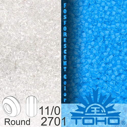 Korálky TOHO tvar ROUND (kulaté). Velikost 11/0. Barva č.2701-Glow In The Dark - Crystal/Blue Splash  . Balení 8g.