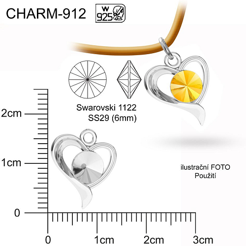 příivěsek SRDCE pro komponenty Swarovski 1122 SS29 (6mm) CHARM 912. Velikost 15x14mm tl.1,7mm. Materiál Ag925. Váha 0,84g. 