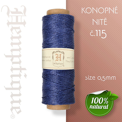 Konopná nit HEMP CORD síla nitě 0,5mm. METRÁŽ Barva č.115 tm.Modrá