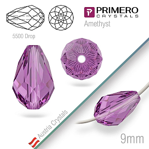 Korálky PRIMERO Crystals . Tvar 5500 Drop. Barva Amethyst. Velikost 9mm