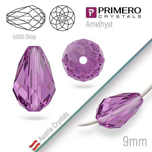 Korálky PRIMERO Crystals . Tvar 5500 Drop. Barva Amethyst. Velikost 9mm