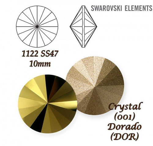 SWAROVSKI ELEMENTS RIVOLI 1122 SS47 barva CRYSTAL (001) DORADO (DOR) velikost 10mm.